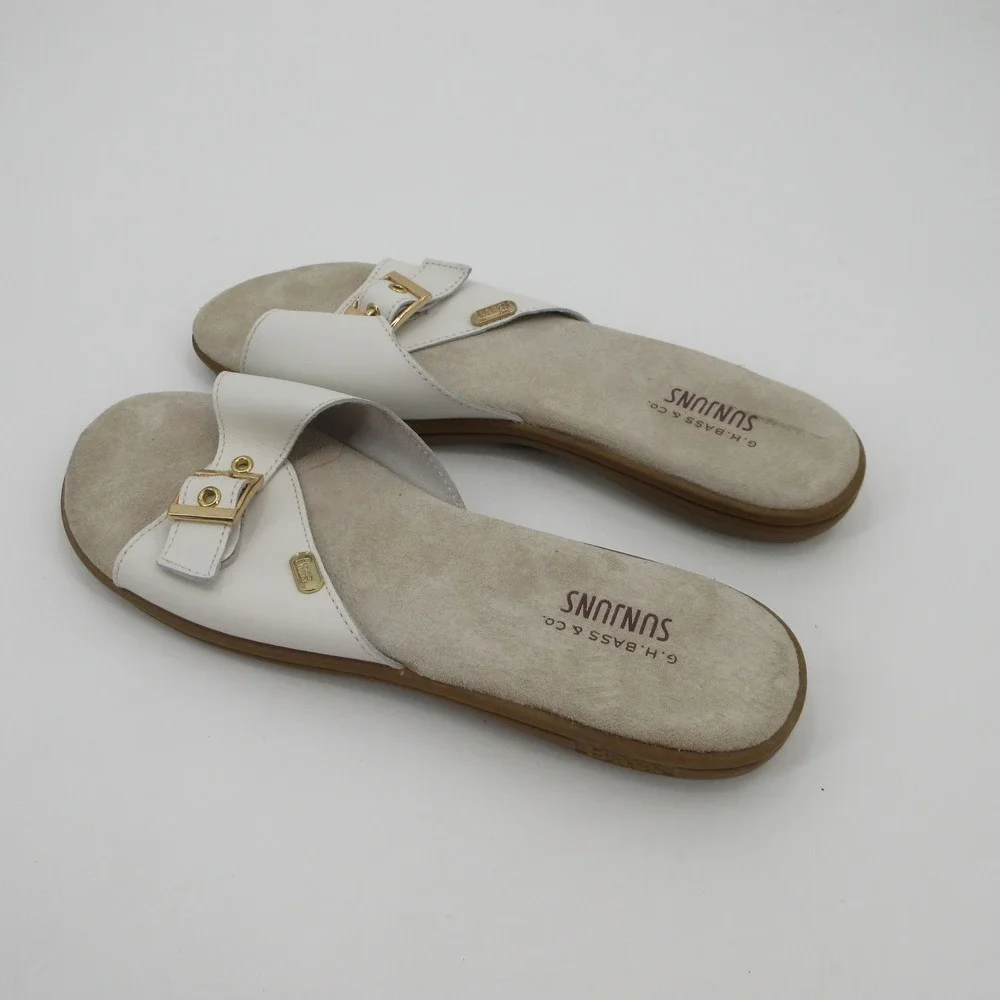 GH Bass Sunjuns Safina Women White Leather Slide Sandals Gold Buckle Flat Sz 10
